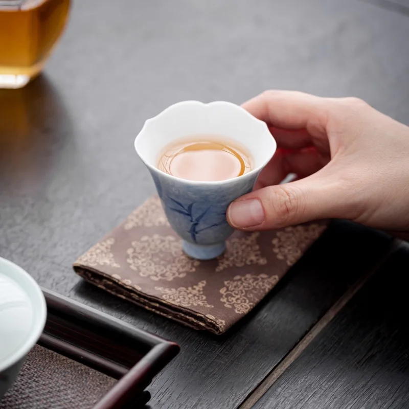 Pure Hand Drawing Bamboo Petals Fragrance-Smelling Cup Household Ceramic Single High Foot Tea Kung Fu Set