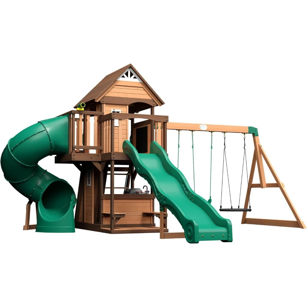 Cedar Cove Wood Swing Set, Playground Fort, Chalkboard, Telescope, Dual Slide, Kitchenette, Wide Swing Lanes