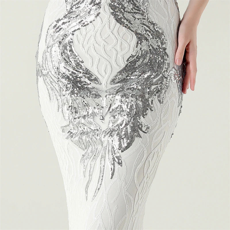 Nowa Letnia Damska Seksowna Elegancka Sukienka na Cienkich Ramiączkach z Głębokim Dekoltem V, Odkrytymi Plecami, Cekinami, Biała Suknia Wieczorowa na Wesele, Imprezę, Koktajl, Bal Maturalny, Długa