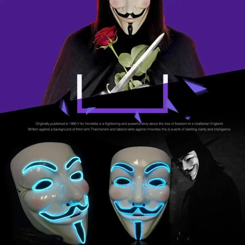 Halloween Neon Light Up Mask Led Light Hacker Masks V Vendetta Decor Unisex Face Cosplay Party Prom Accessories Disguise Props