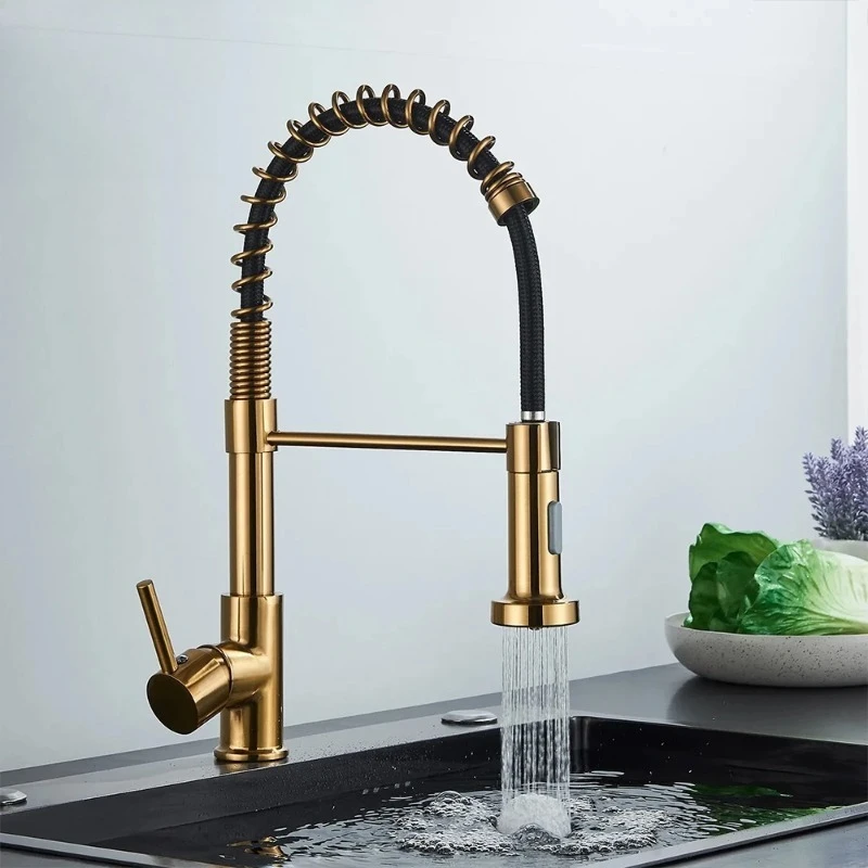 Brushed Gold Kitchen Sink Faucet One Handle Spring Hot and Cold Water Tap Deck Mounted Bathroom Kitchen Crane