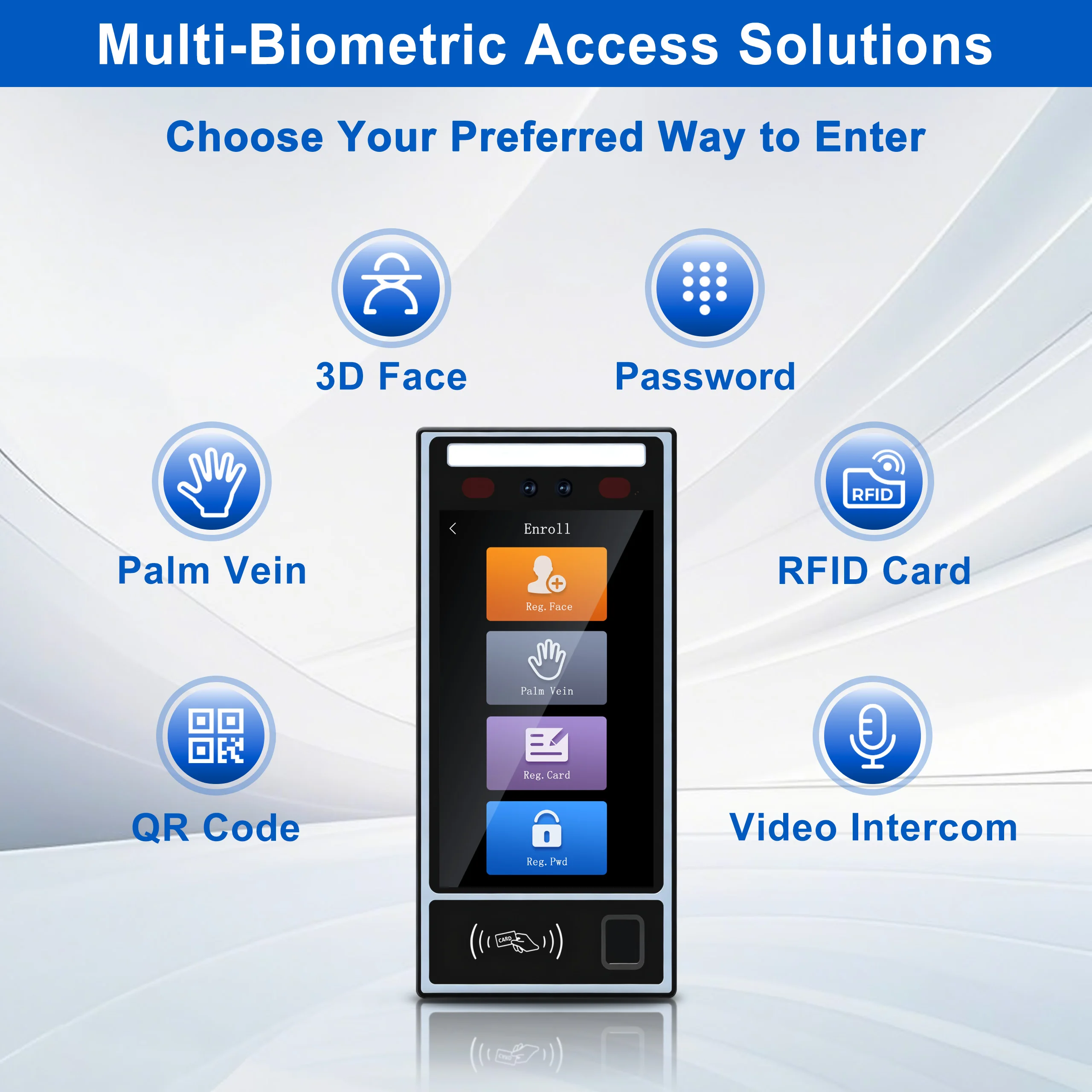 Terminal de contrôle d'accès et de présence multi-biométrique de 8 pouces – Veine de paume à empreintes digitales faciales, WiFi 4G TCP/IP
