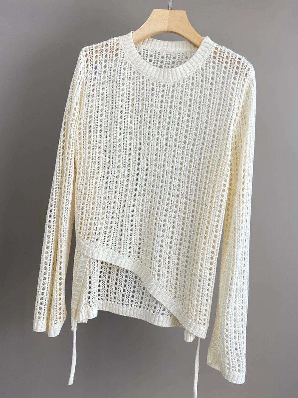 비대칭 긴 소매 크로셰 니트 탑 여름 비치 비키니 커버업 타이 웨이스트 크롭 풀오버 블라우스 여성 휴가복