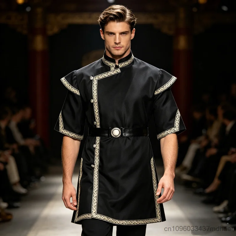 

Medieval Warrior Cosplay Costume Short Sleeves Belted Coat Renaissance Knight Role Play Jacket Party Performance Outfits