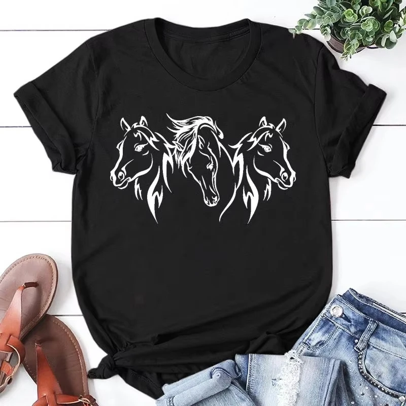 Unisex Horse Head Line Art Graphic T‑Shirt Three Stallion Silhouette Print Short Sleeve Crew Neck Western Casual Tee Topp