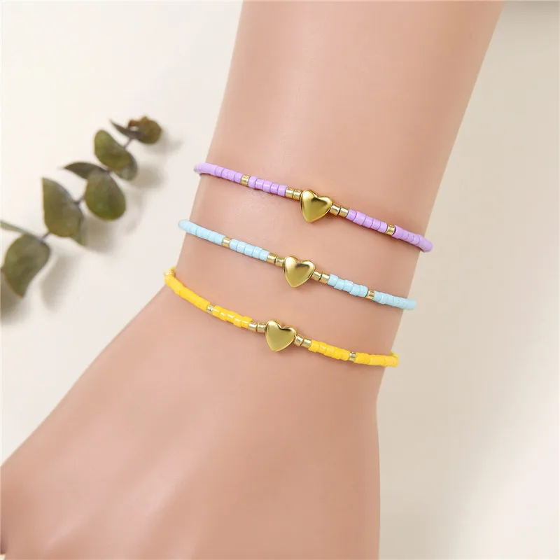 12Pcs/lot Colorful Rice Beads Beaded Braided Bracelet Set Gold Color Heart Charm Women Bracelet Adjustable Rope Girl Jewelry