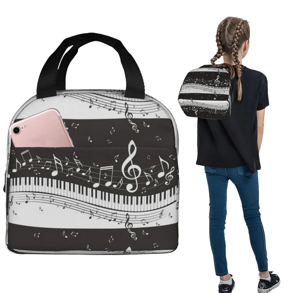 Golden Musical Notes Piano Keyboard Insulated Lunch Bag for Women Kids Leakproof Food Boxes Thermal Lunch Box Tote