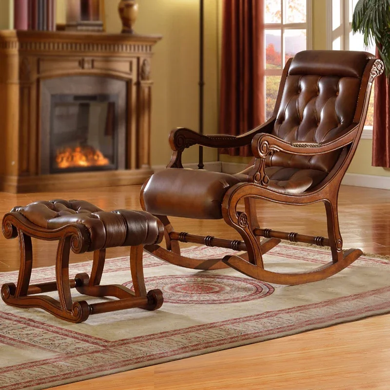 

American solid wood leather rocking chair recliner retro happy lazy European sofa rocking balcony leisure