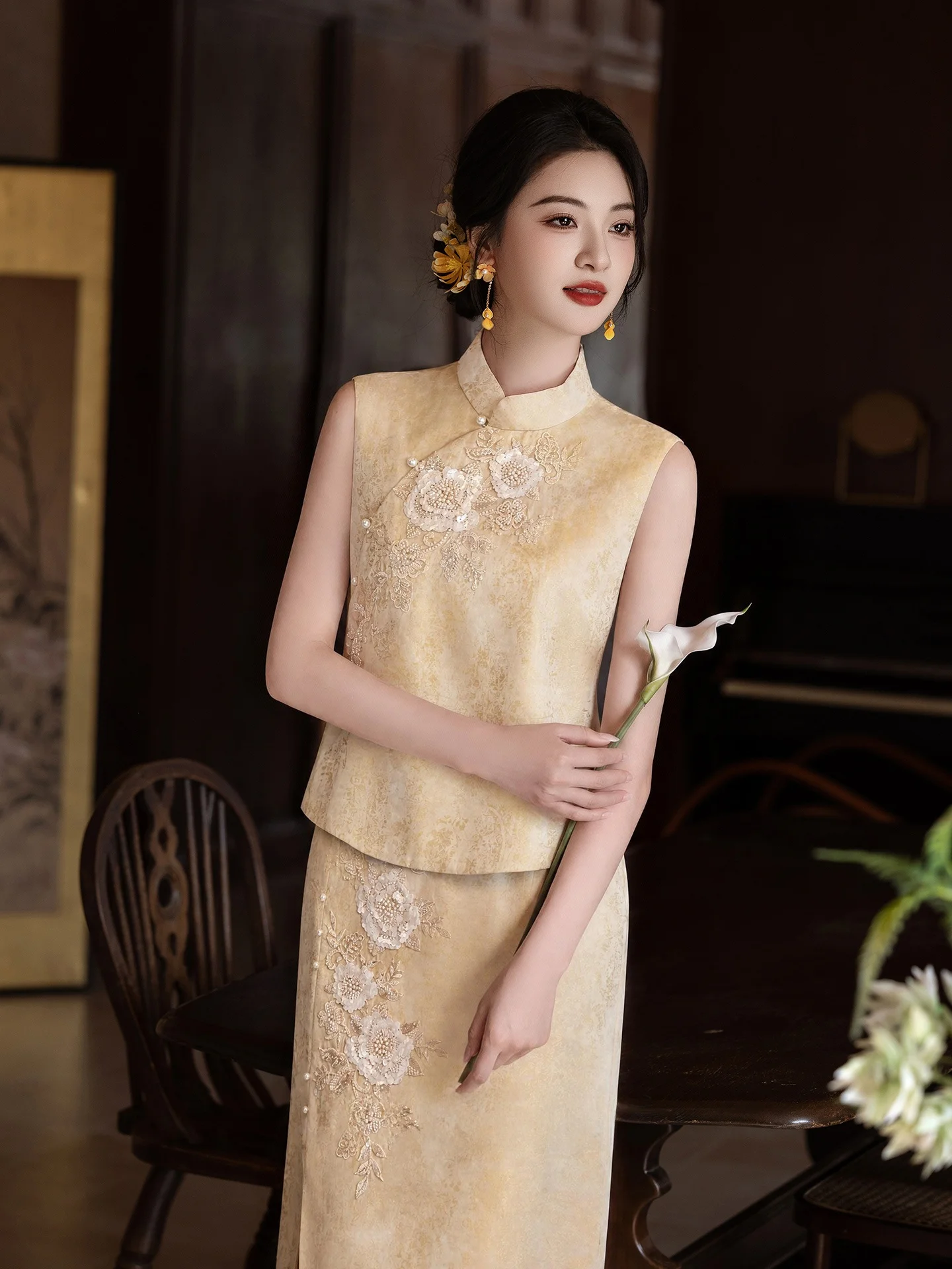YUSHII Engagement Wedding Dress New Chinese Style  Bride Return Home Ceremony Dress Skirt Elegant Embroidery mid Waist