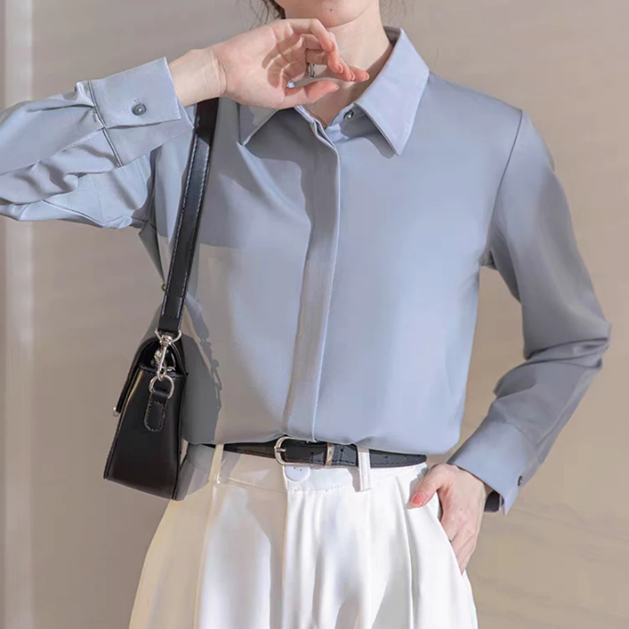 بلوزة نسائية من الساتان بأكمام طويلة قمصان عصرية فرنسية بلون سادة ملابس مكتب للسيدات قمصان نسائية أنيقة ملابس نسائية كورية