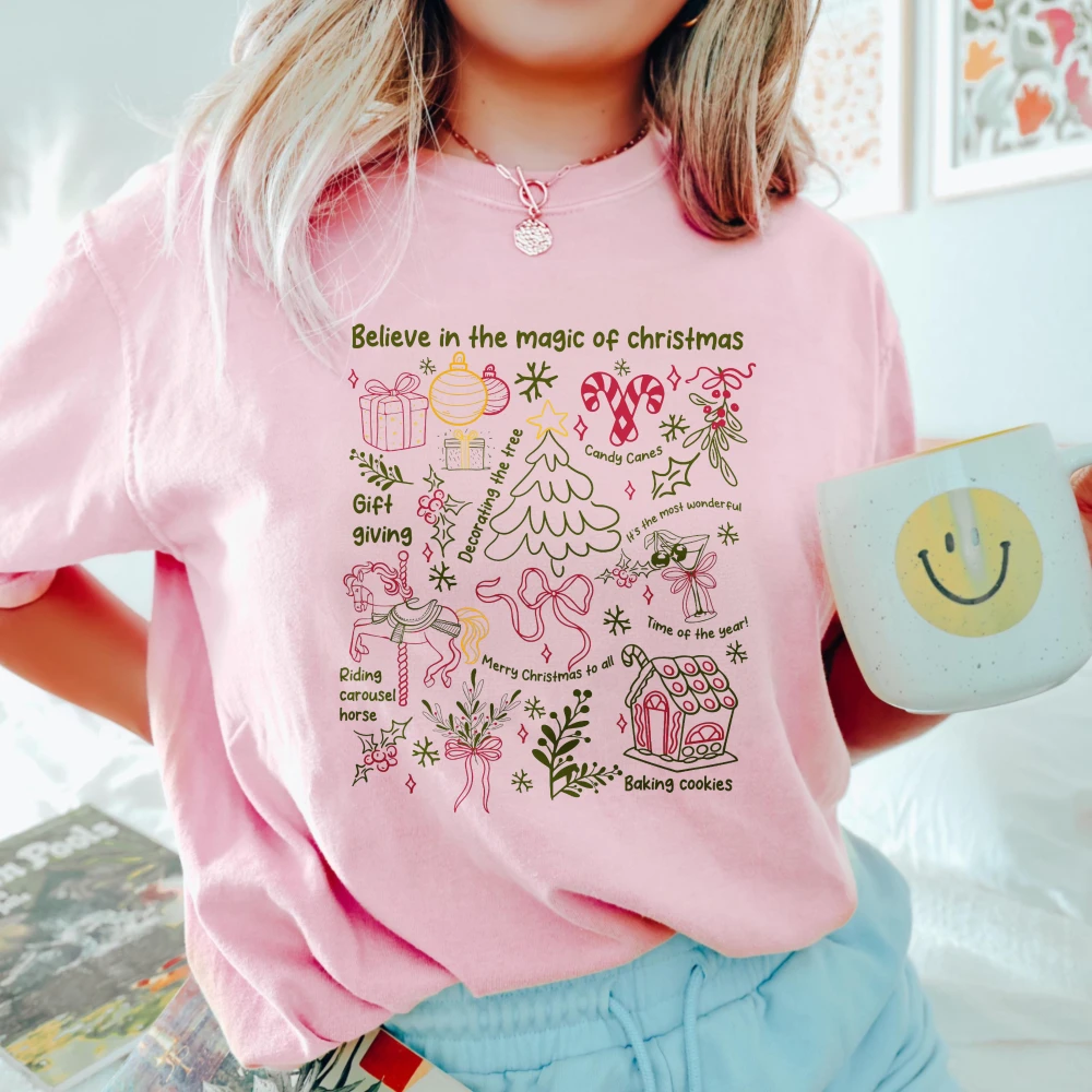 Christmas Doodles Fairy Tee Preppy Christmas Cotton Shirt Merry and Bright Xmas Tshirt Bow Christmas Tree Graphic Women T Shirt