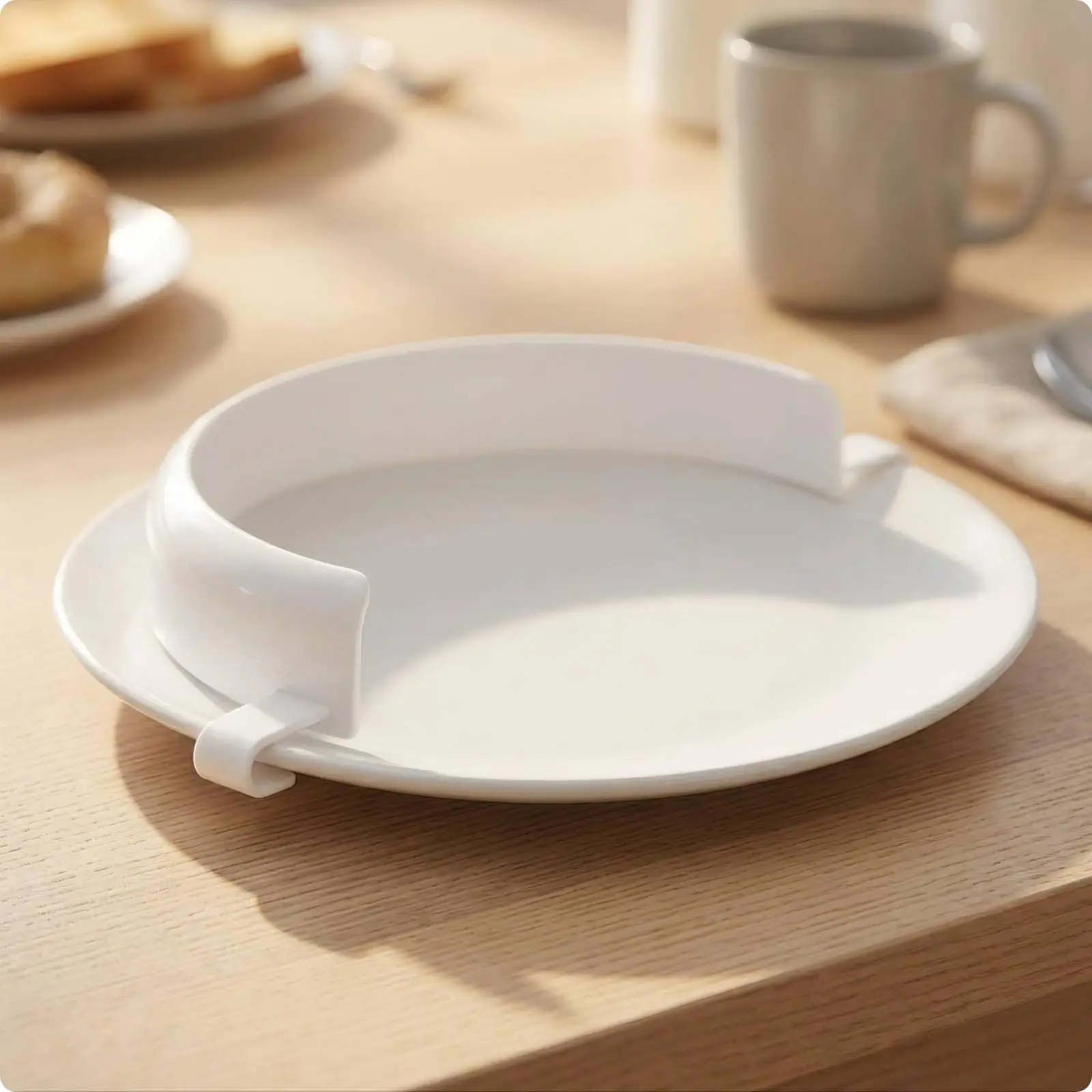 Senior Dining Plate Guard White Plastic Rim Fits 9 to 12 Inch Dishes Three Attach Tabs Push Food Onto Fork Helper