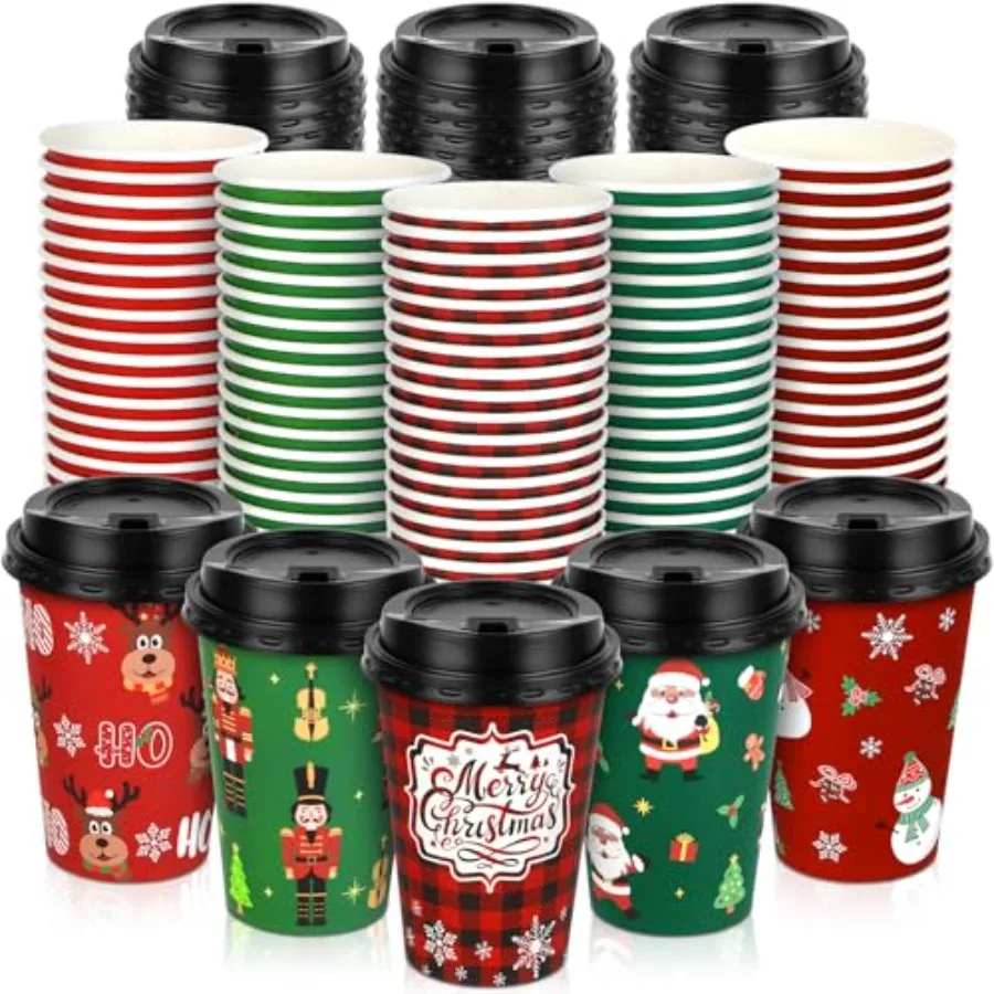 

100 Pack Christmas Disposable Party Coffee Cups with Lids 12oz Christmas Paper Cups Featuring Santa Claus Reindeer Snowflakes N