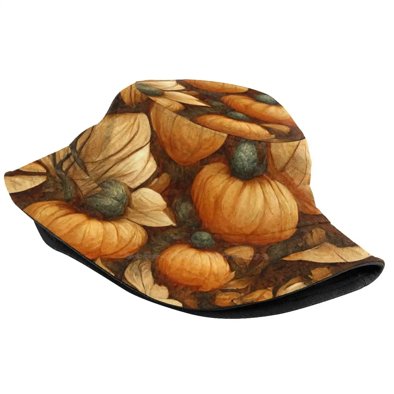 Autumn Pumpkin Pattern Korean Ladies Outdoor Sun Hat Bucket Cap Fall Autumn Halloween Pattern Pumpkin Leaves Leaf Foliage