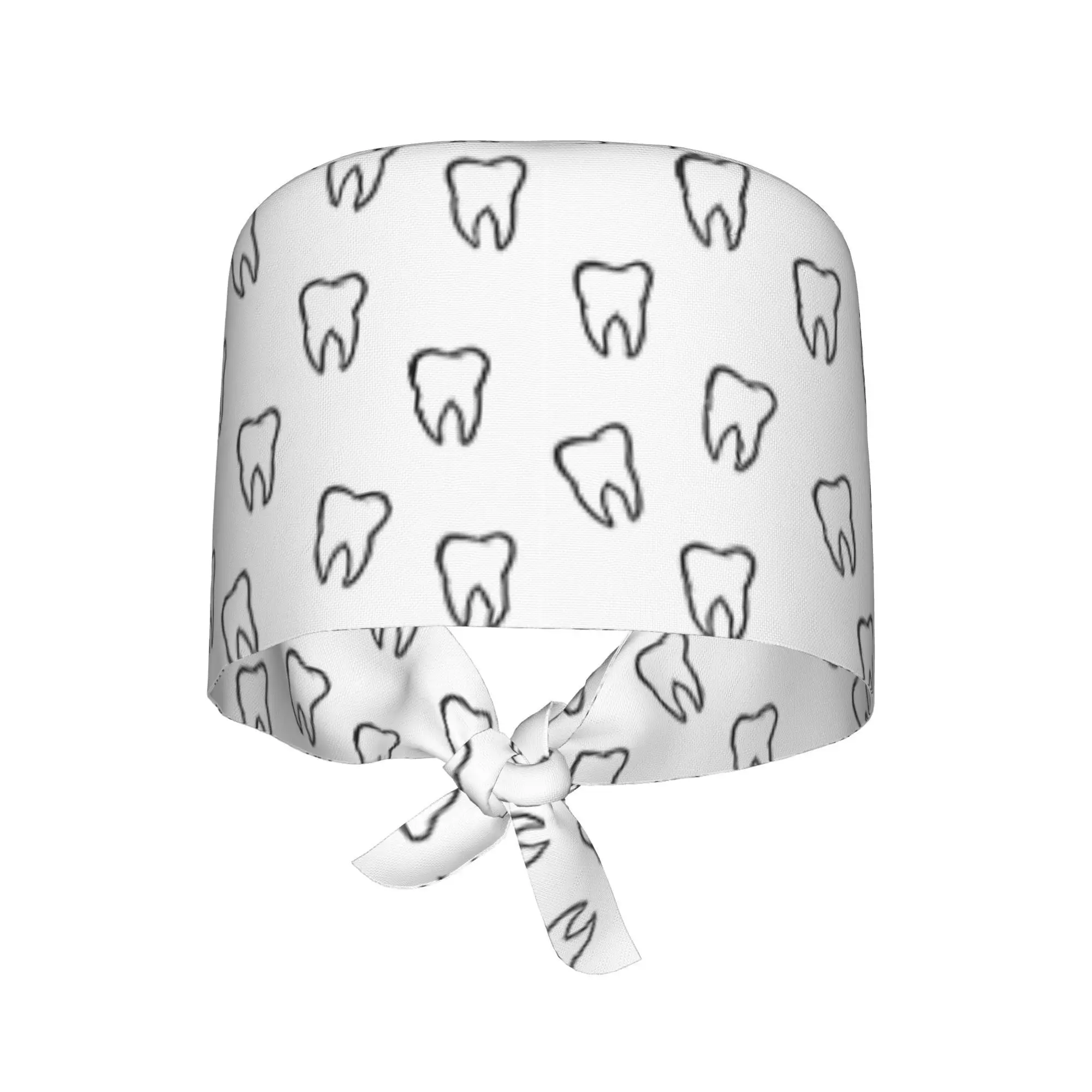Tooth Print Scrub Cap Cute Dental Pattern Adjustable Tie Back Hat Breathable Cotton Cap for Dentists Dental Hygienists