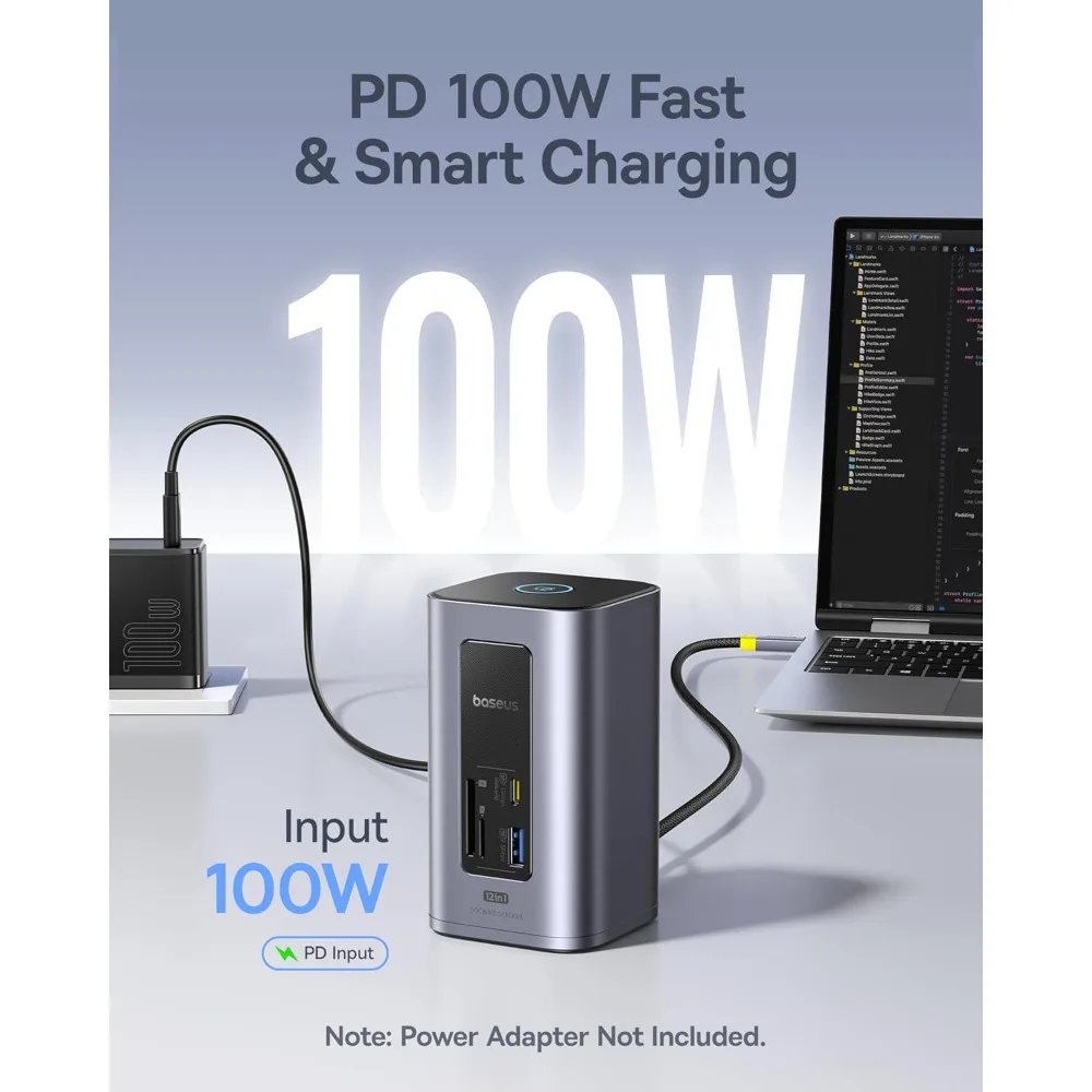 محطة إرساء Baseus Dual Monitor، محور الكمبيوتر المحمول Nomos Win Air، 2x 4K HDMI، منافذ USB 10 جيجابت في الثانية، إيثرنت 1 جيجابت في الثانية، شحن 100 وات PD