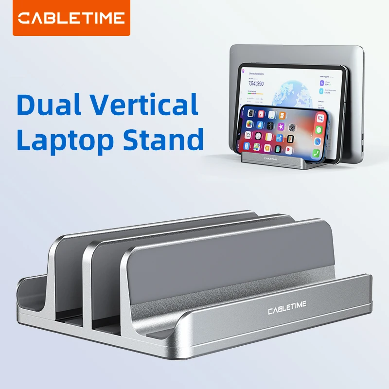 CABLETIME Vertical Laptop Stand Aluminum Notebook Stand For MacBook Air Pro iPad HP Dell Phone Dual Laptop Tablet Hold