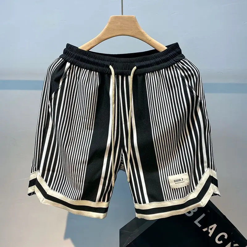 Trend Fashion Summer Men\'s Ice Silk Elastic Waist Drawstring Striped Plaid Letter High Street Loose Straight Knee Length Shorts