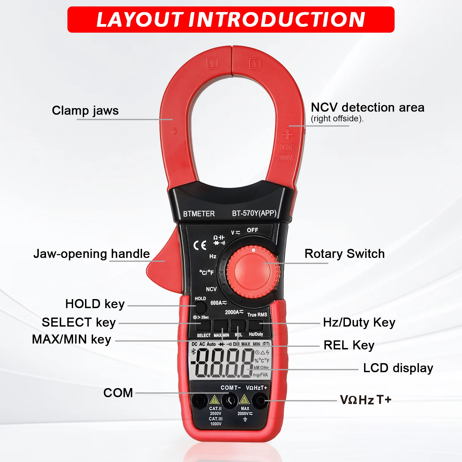 Imagem -03 - Digital Clamp Multímetro 2000a 2000v True Rms Meter Bluetooth App ac Tensão dc e Tester Atual Btmeter-bt570y-app