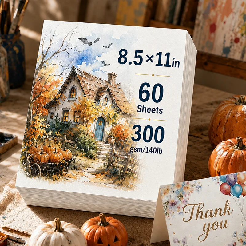 60 Sheets Watercolor Paper Set, 8.5 × 11 Inch 300gsm/140lb, Thick Art Paper for Marker, for Artists, Art Lovers and Adults