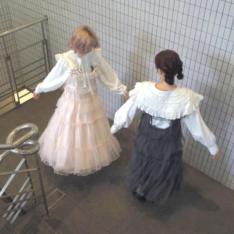 2025 Primavera e l'estate della nuova ragazza giapponese dolce vestito a rete JSK donna allentata sottile elegante casual abiti lunghi abito da principessa