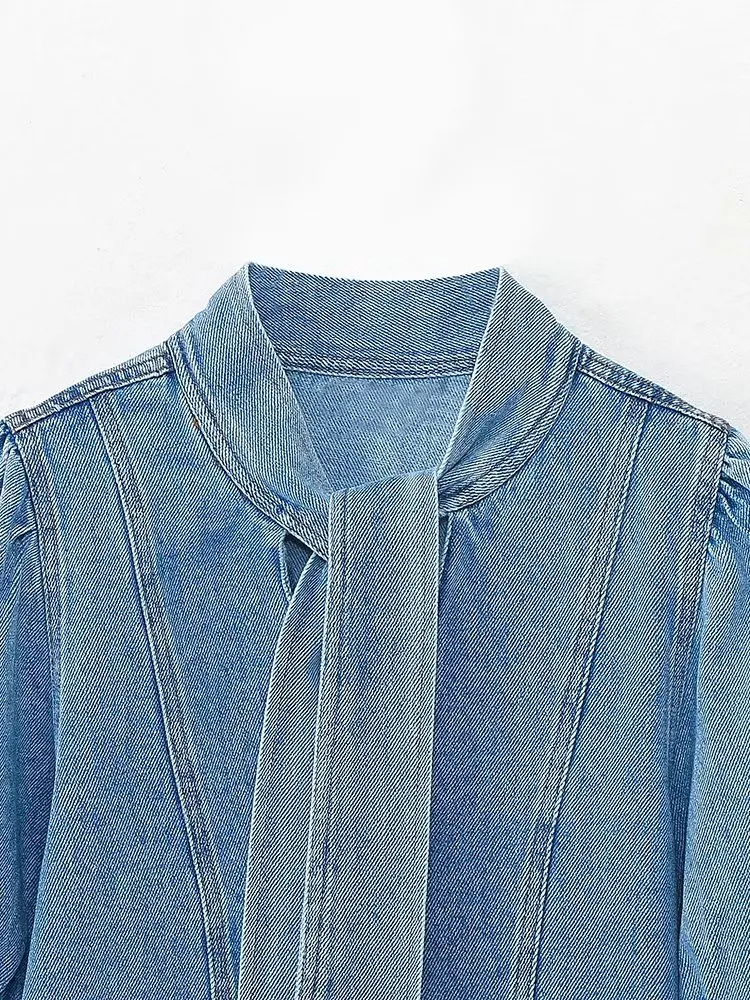 Withered Fashion Ladies Elegant Blue Bow Short Sleeve Casual Denim Tops Women Summer French Denim Shirt