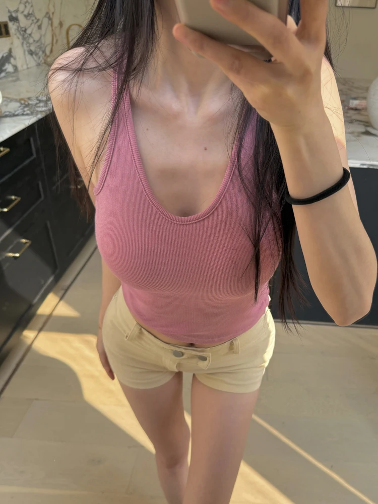 

Сексуальный розовый топ на бретельках для женщин, облегающий, однотонный, летний, с U-образным вырезом, с эффектом пуш-ап, китайский бренд