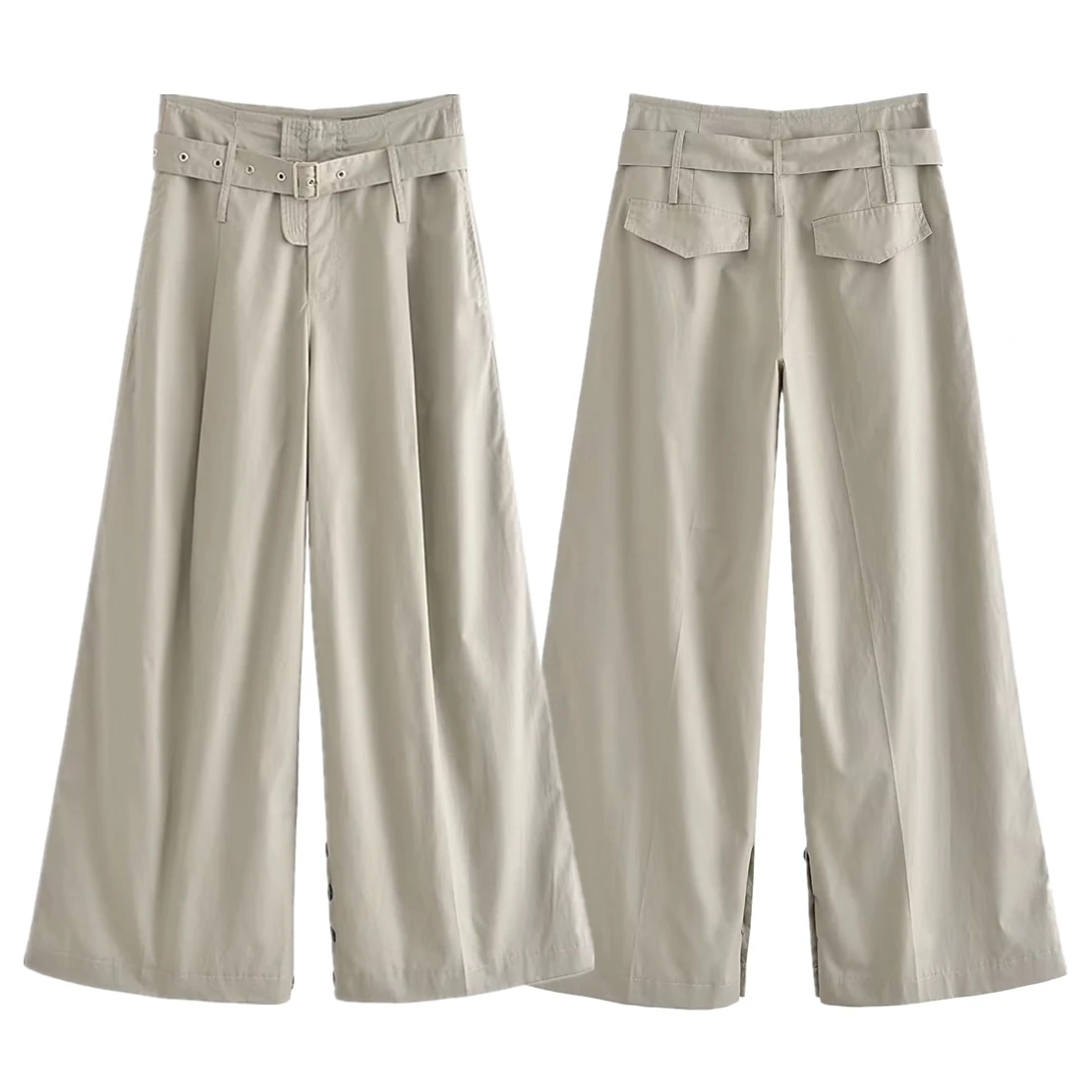 

Jenny&Dave With Belt Commuting Gray Green Simple Loose Trousers British High-Waisted Casual Wide-leg Trousers For Women