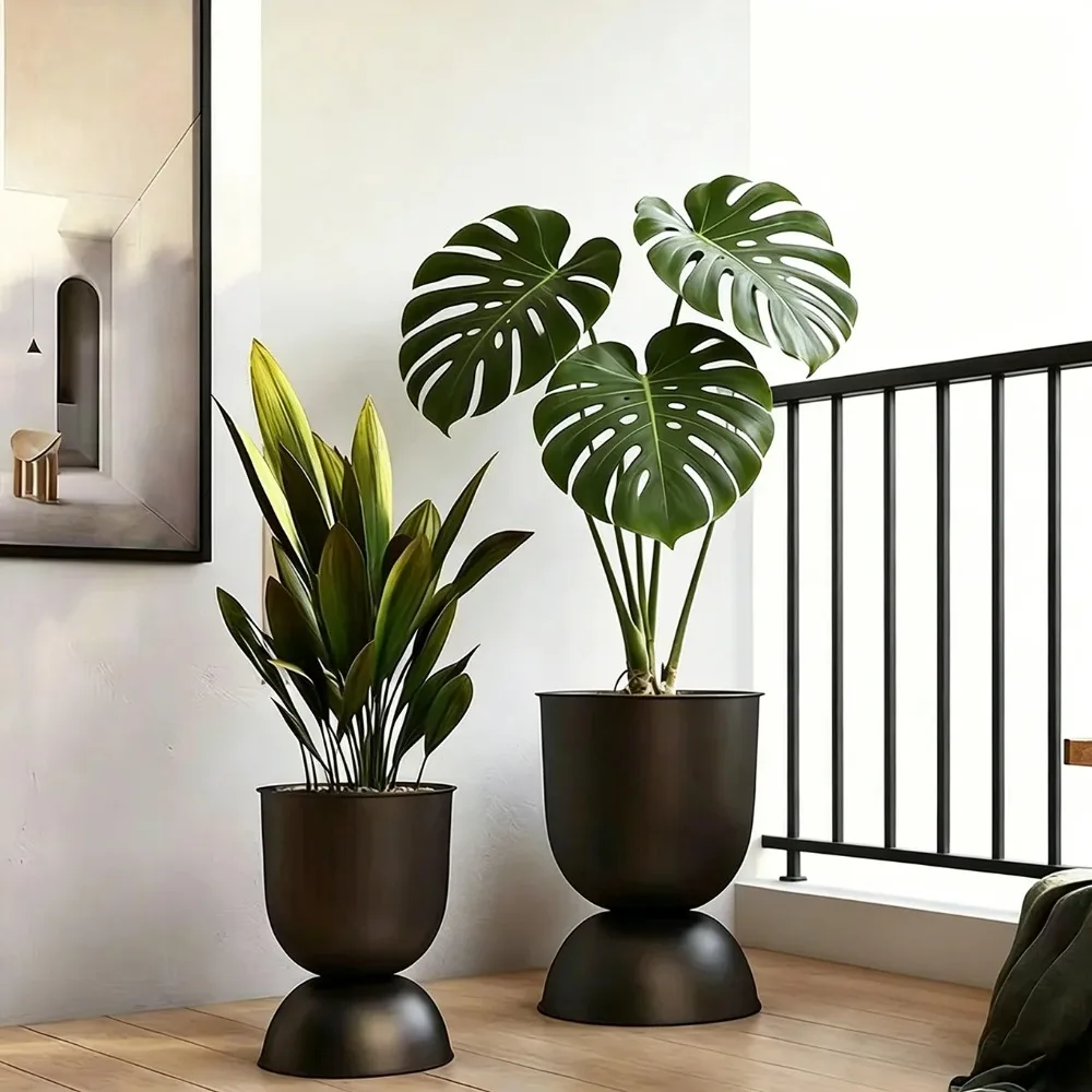 Nordic Hourglass Metal Planter,Matte Black Flower Pot,Modern Indoor Floor Plant Holder for Home Living Room Balcony Office Decor