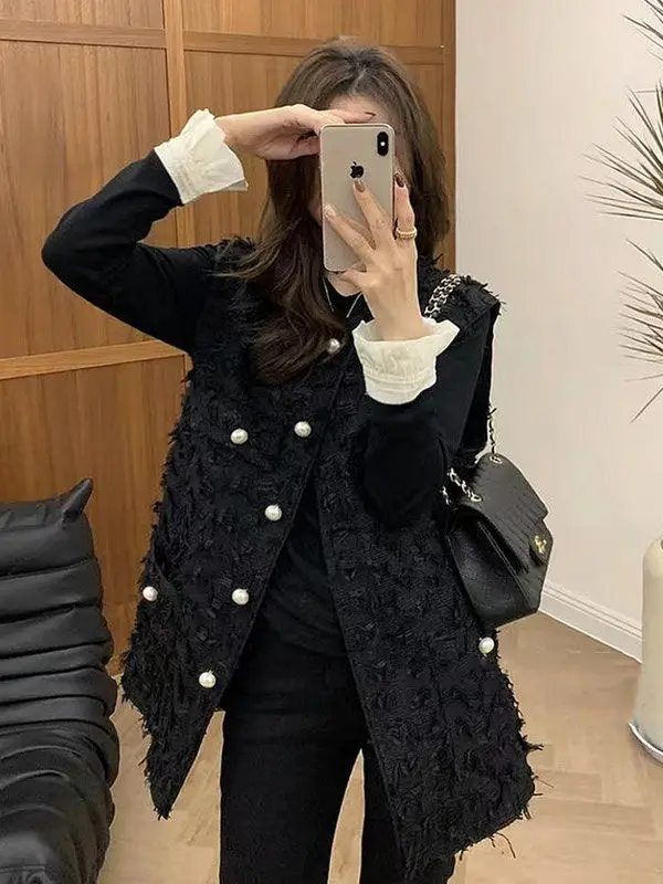 Small Fragrant Style Tassel Single-row Top Pearl Button Vest Jacket Women\'s Autumn 2024 New Long Coats Korean Fashion Loose Vest