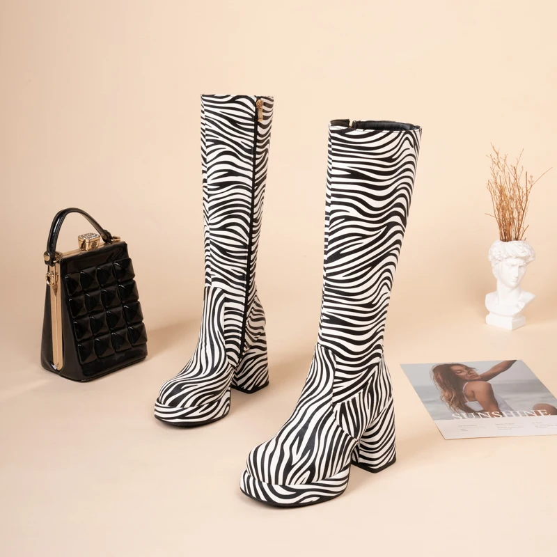 2024 Square Toe Ultra High Thick Heel Side Zipper Short Plush Lining Zebra Pattern Fashion Boots Leopard Print Knee High Boots