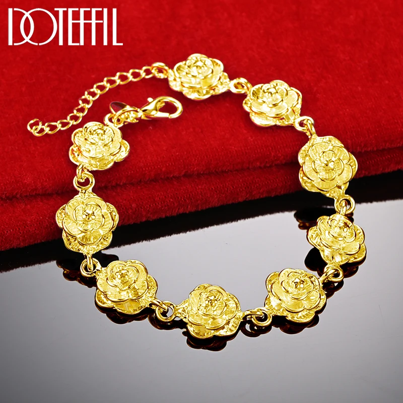 DOTEFFIL 18K Gold 925 Sterling Silver Full Rose Flower Chain Bracelet For Women Wedding Engagement Party Fashion Charm Jewelry