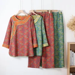 2024 Chinese Style Loungewear Cotton Double Gauze Autumn Pajamas for Women Long Sleeve Pants Round Neck Pijamas 2 Piece Sets