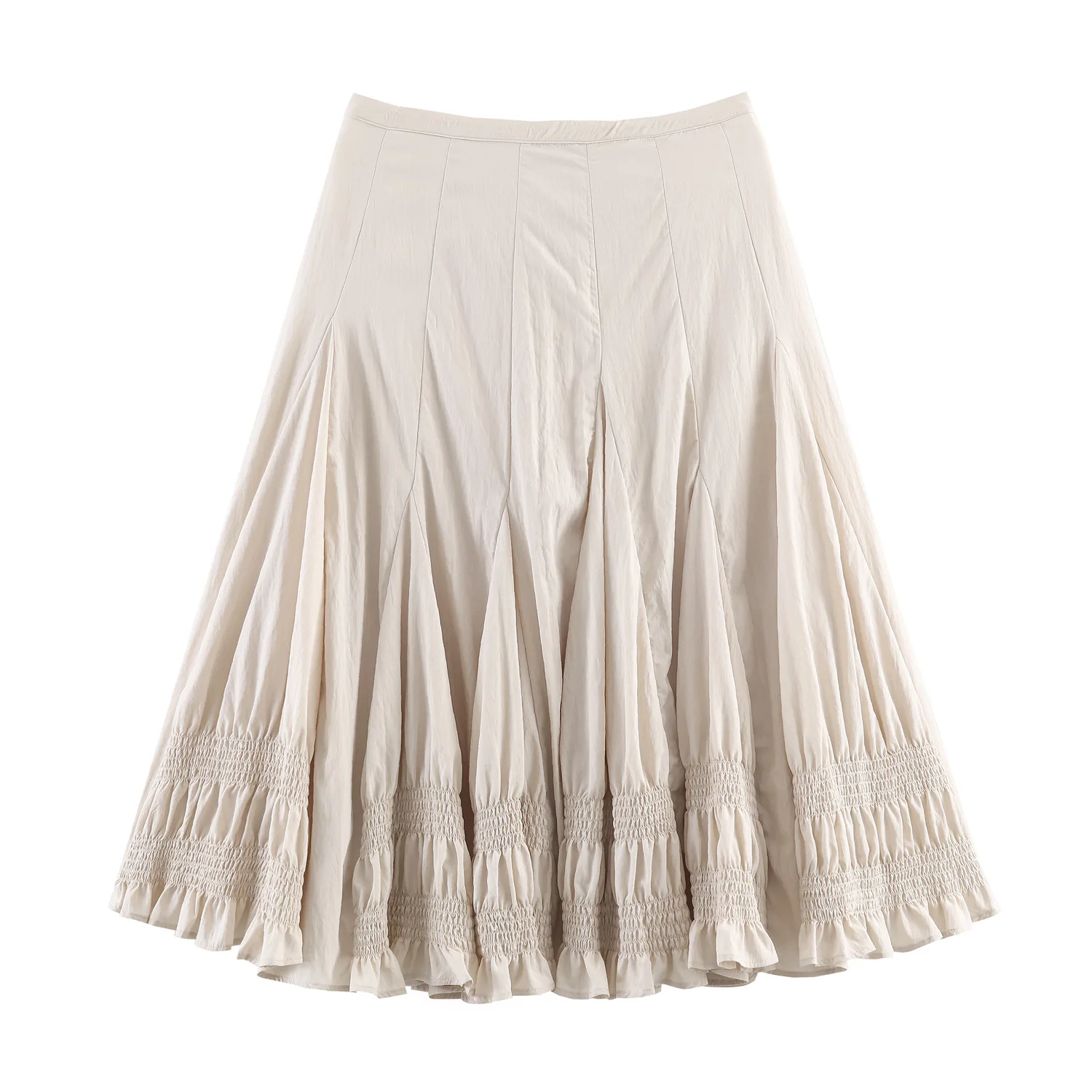 Women's Fashionable Wavy Wide-Hem Midi Skirt Women Beige High Waist Smocked Ruffle Hem Maxi Skirt Casual Flowy Long Skirt DEXG