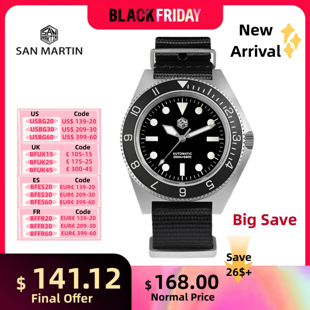 San Martin 40mm Classic NH35 Field Watch For Men Diving Self Winding Military Waterproof Reloj 20Bar Nylon Strap BGW-9 SN0123