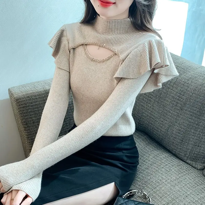 Korean Autumn/Winter Women\'s Sweaters Solid Mock Neck Ruffles Embroidered Flares Hollow Out Long Sleeve Pullovers Knitted Top