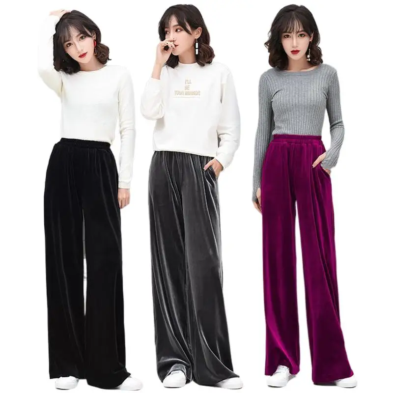 

Women Spring Autumn New Style Long Pants Velvet Straight Pants With Pocket Solid All-Match Trousers Wine Pink Pantalones