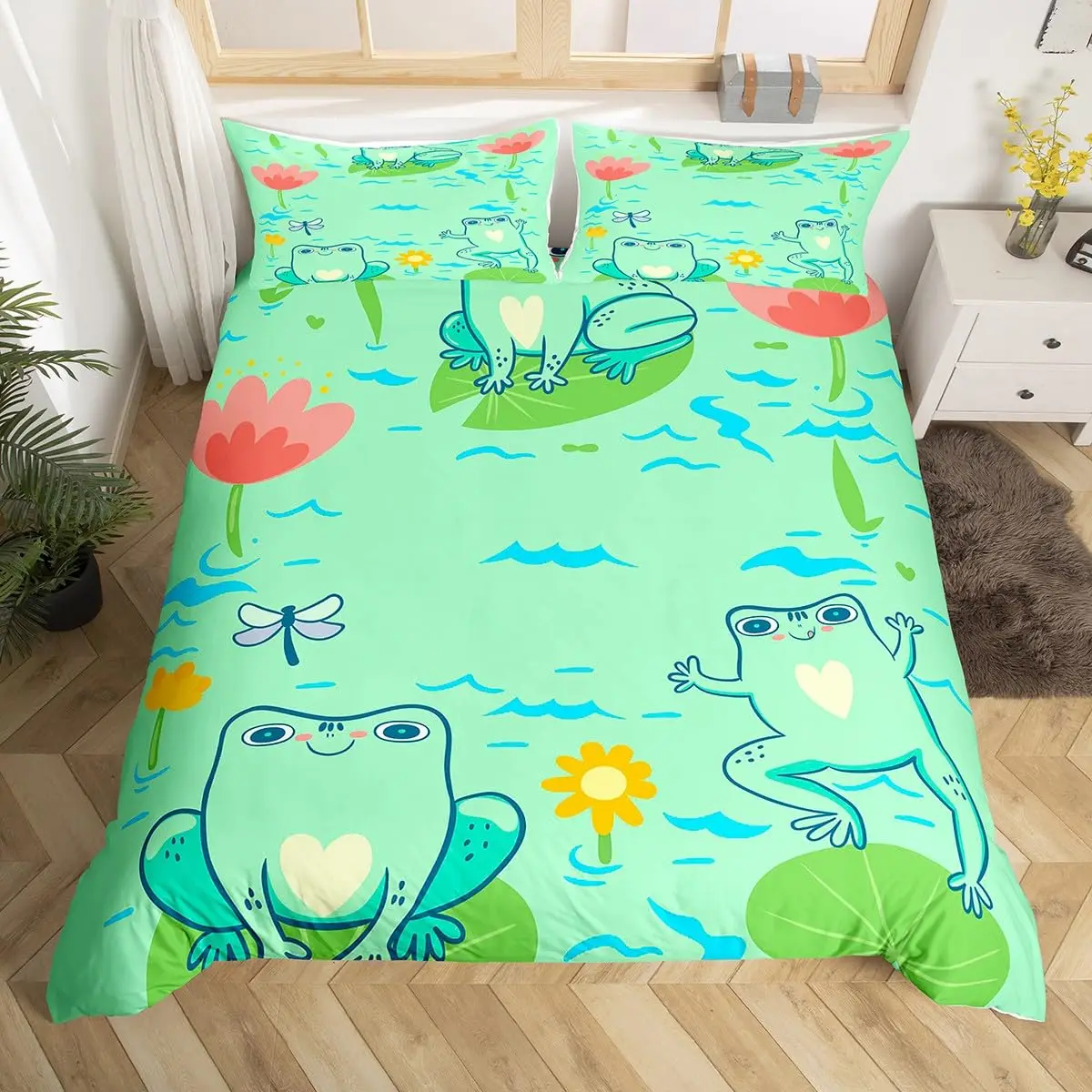 Kawaii الضفدع غطاء لحاف الملك الملكة الكرتون الحيوان موضوع طقم سرير مضحك الحياة البرية المعزي غطاء غرفة نوم الاطفال غطاء لحاف ناعم