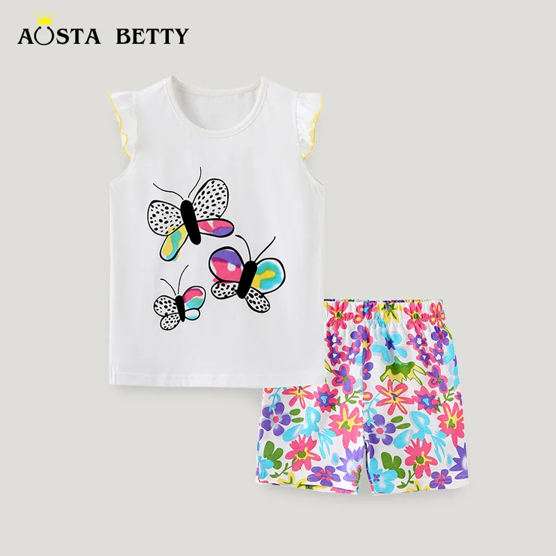 European and American Fashion Cute Print Children's Short Sleeve Two-piece Jersey Crew Neck T-shirt Set