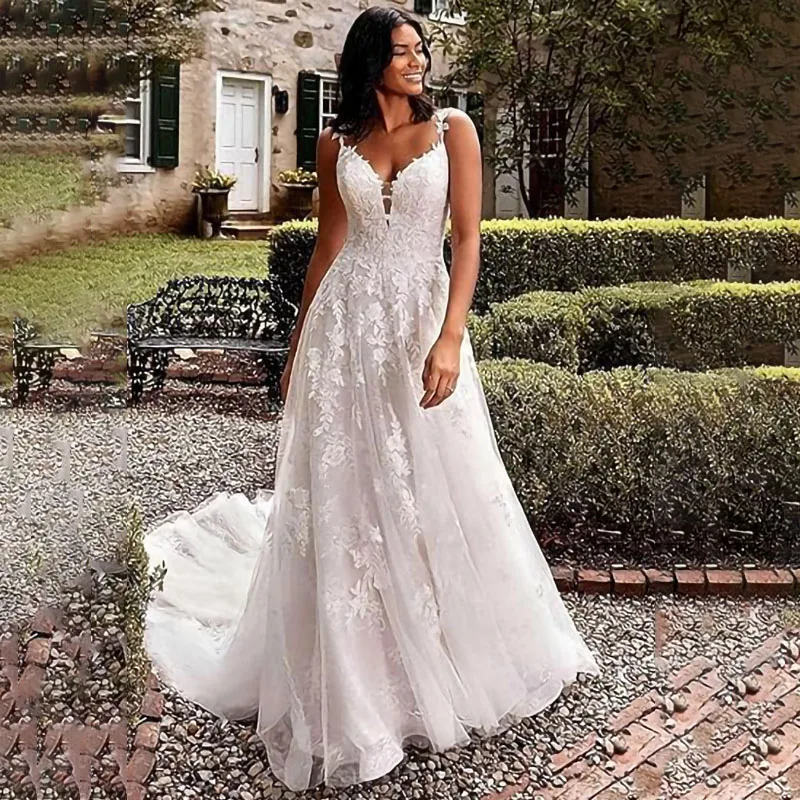 Vestido de baile com apliques de renda para mulheres, vestidos de noiva gola v, vestido de noiva, alças frisadas, senhora Couture, 2024