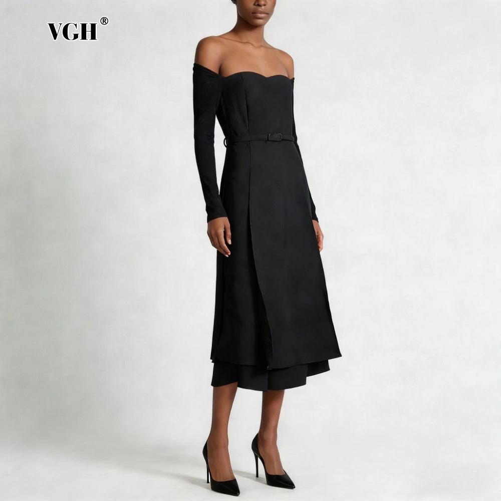 

Элегантные однотонные платья во французском стиле VGH для женщин, с вырезом на шее, с открытыми плечами, с высокой талией, сексуальное облегающее платье для женщин, новинка