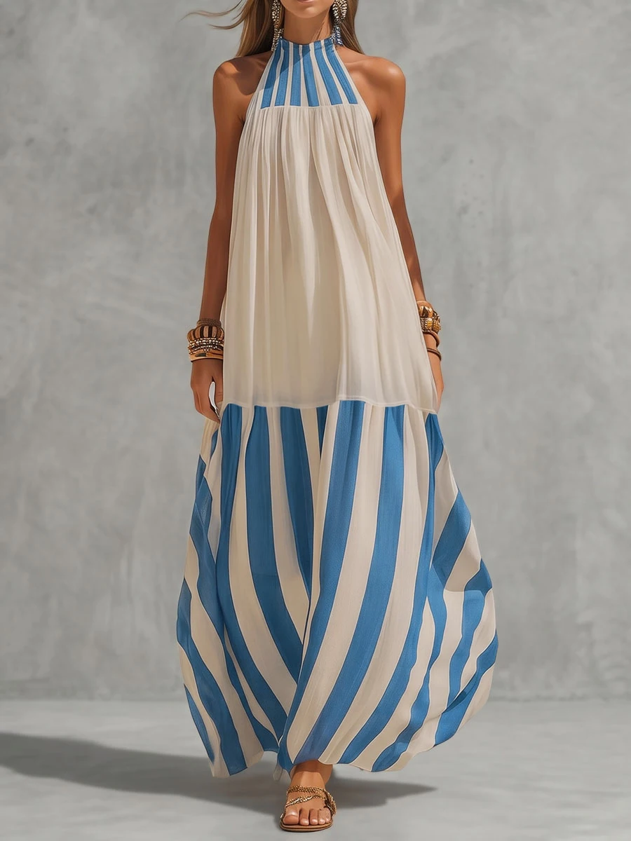 Freeacy 2026 Stylish Women's Casual Vacation Dress Contrast Color Striped Sleeveless Pleated Maxi Dresses Flowy Beach Dress