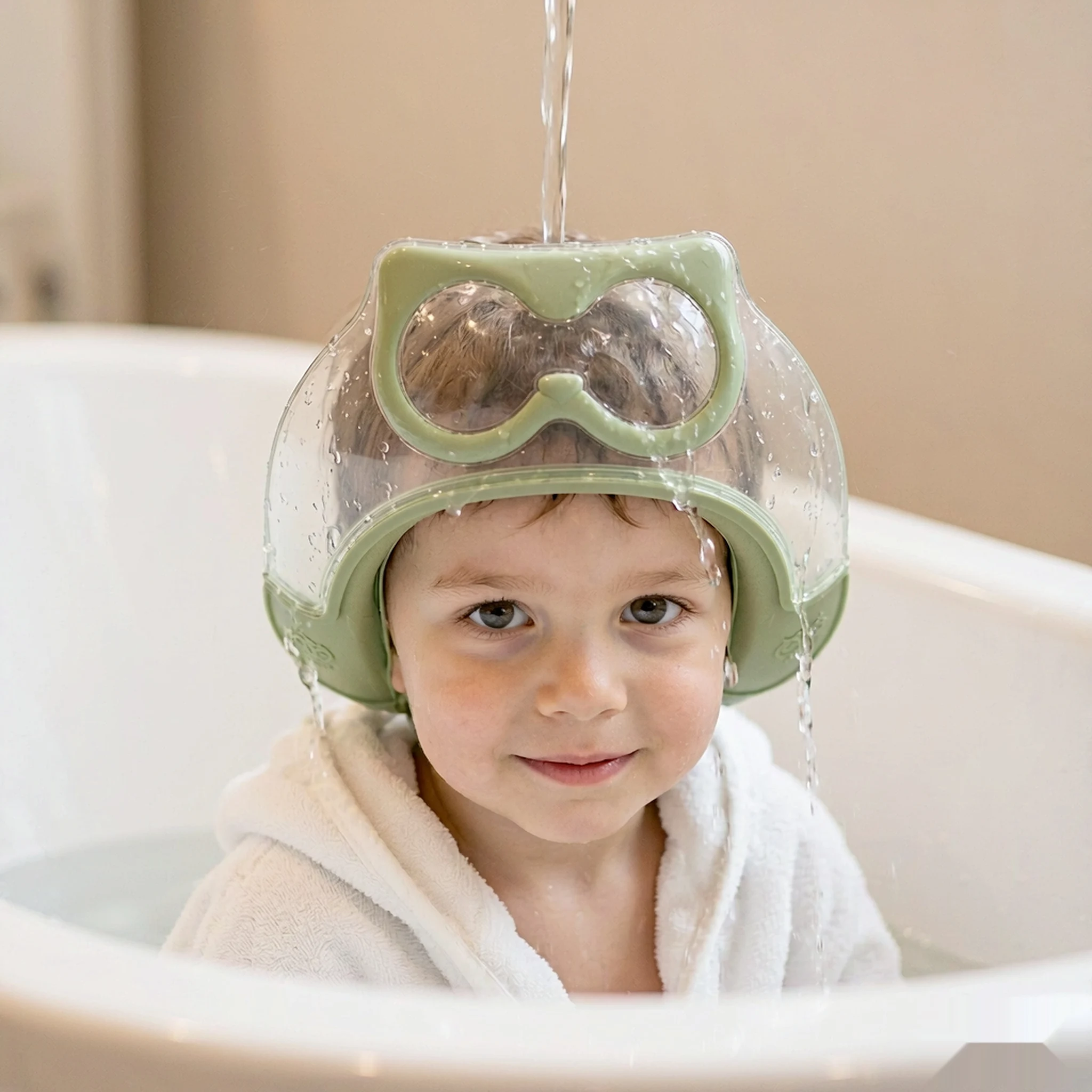 Owl View-Window Baby Shampoo Cap Triple Waterproof Layers Reversible Two-Way Wear Side-Flow Ear Guard Bath Hat for Kids 6 Months