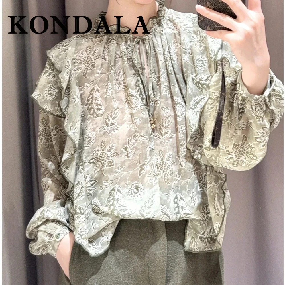 

KONDALA шикарная многоуровневая женская блузка для спринта, модная осень-лето 2025 года, рубашка на шнуровке с v-образным вырезом, свободная плиссированная повседневная праздничная рубашка Mujer