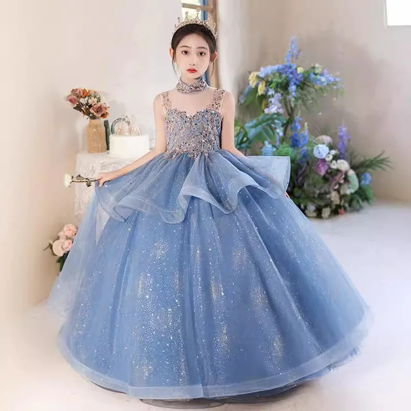 Blue Halter Sleeveless Girls' Dress Luxurious Niche Flower Girl Performance Dress Children's Birthday Puffy Tulle Princess Dress