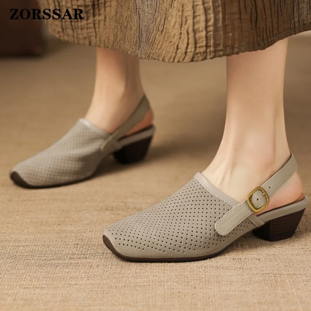 Women's Genuine Leather Slingback Mules, Hollow Out Breathable Closed Toe Block Heel Sandals,Comfortable Adjustable Buckle Clogs