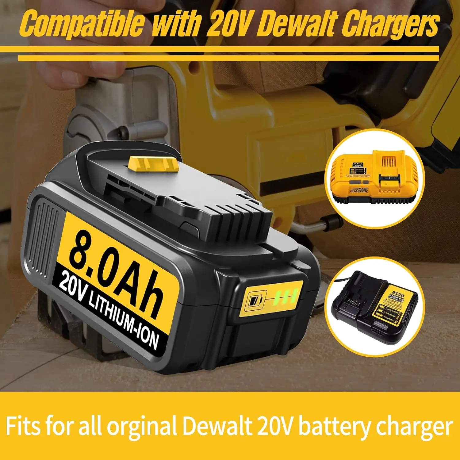 8.0Ah 20 Volt Replacement for Dewalt 20V Battery Lithium Ion Compatible with Dewalt Bateria DCB200 DCB204 DCB206 DCB201 DCB203 D