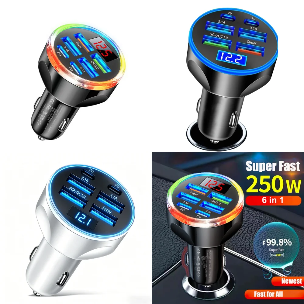 6 in 1 USB C Car Charger with Voltmeter Multi Port Super Fast Charge Adapter with Voltage Display for Samsung iPhone New 2026