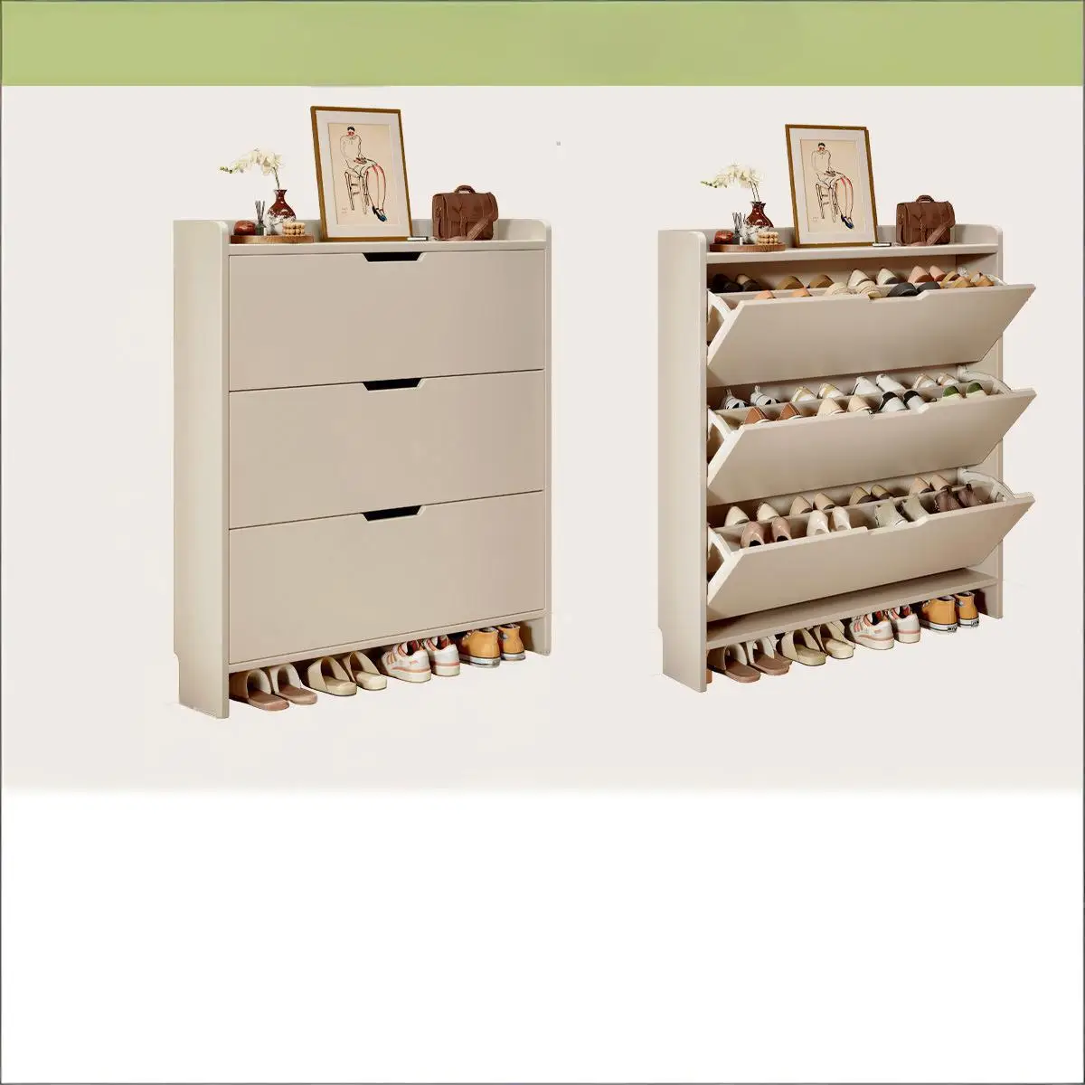Solid Wood Ultra-Thin Flip Shoe Cabinet, Home Use, Entrance Door, Foyer Storage Cabinet, New Style Wall-Mounted Shoe Rack image 3