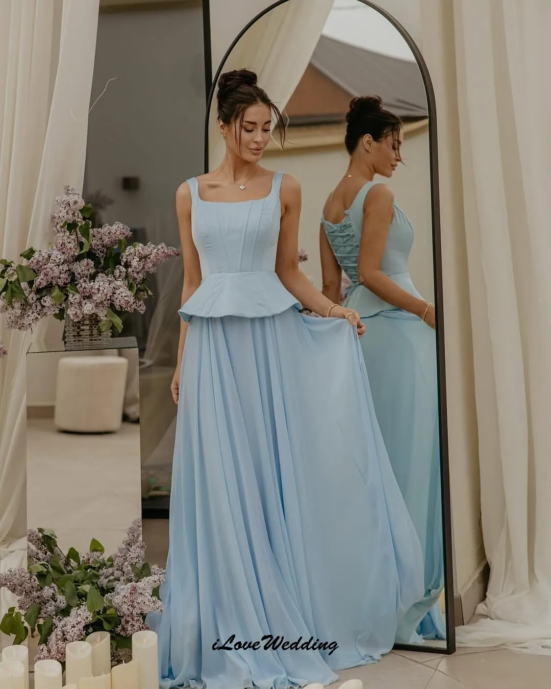 

Customized Sky Blue Chiffon Sleeveless Prom Dresses 2025 Elegant Wedding Party Dress For Women Square Neck Long Evening Dresses